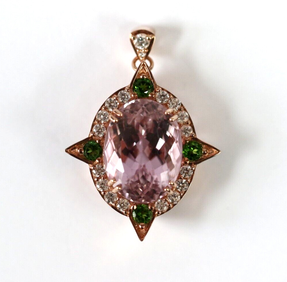 Rose Gold Plated Pendant With Kunzite/ Chrome Diopside/ Sapphire