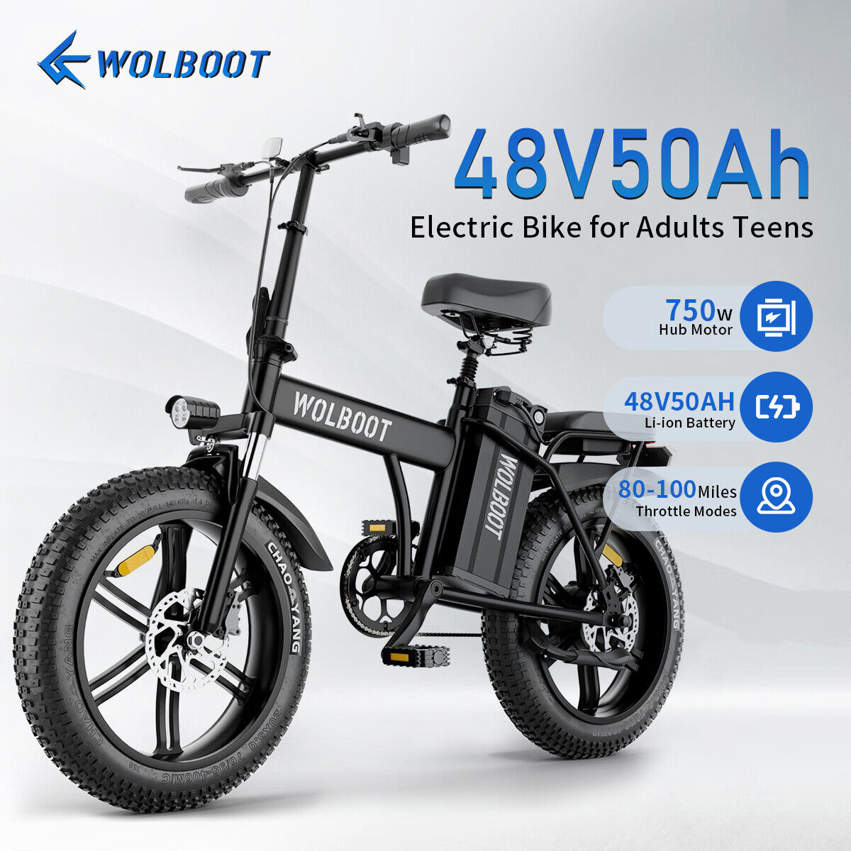 WOLBOOT Electric Bike 48V 50AH 28MPH 750W 100 Mile Hydraulic Brake E-Bike Adults