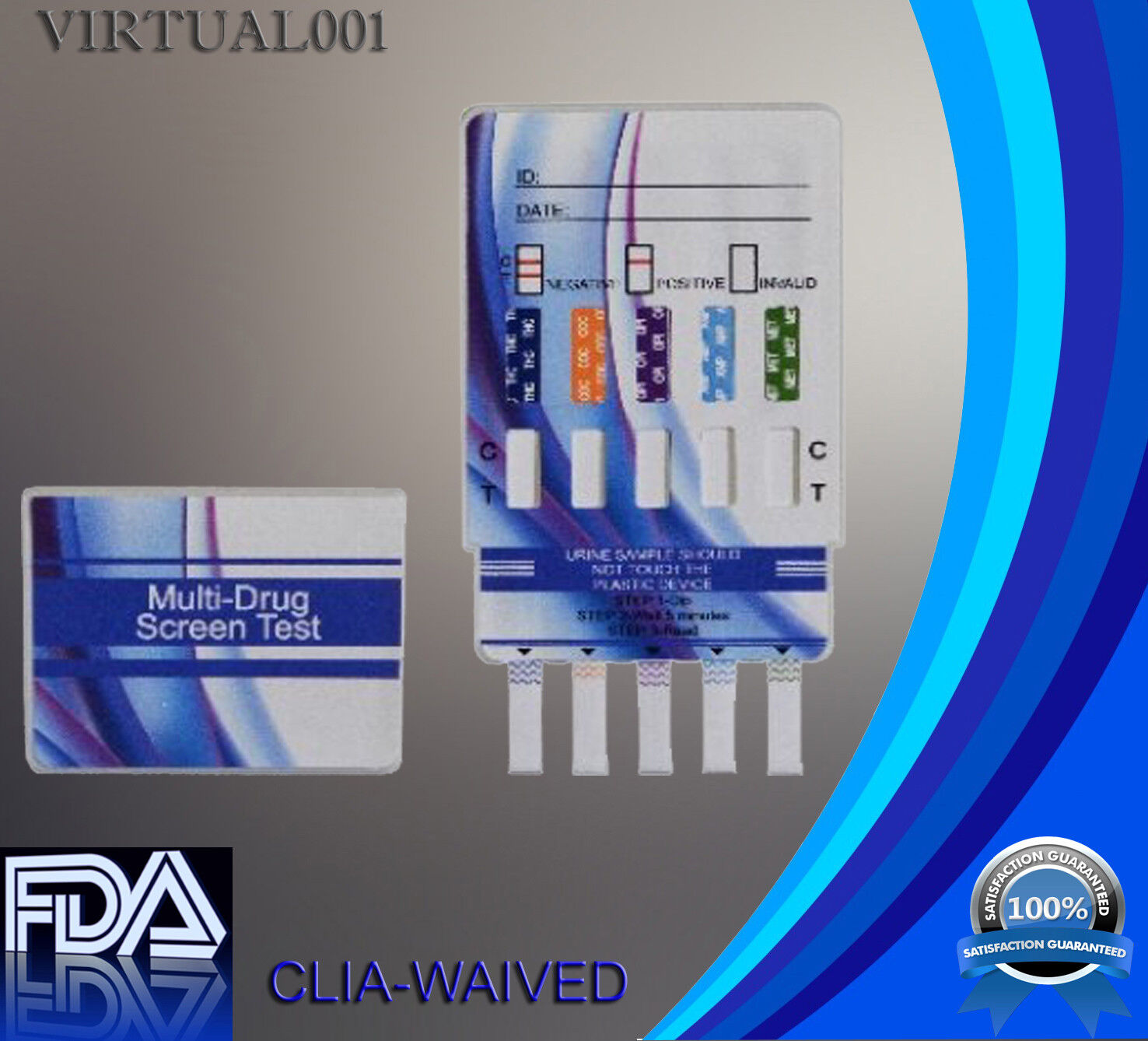 100 Pack 5 Panel Dip Card Drug Test: AMP, COC, mAMP, OPI, THC-FDA-CLIA 
