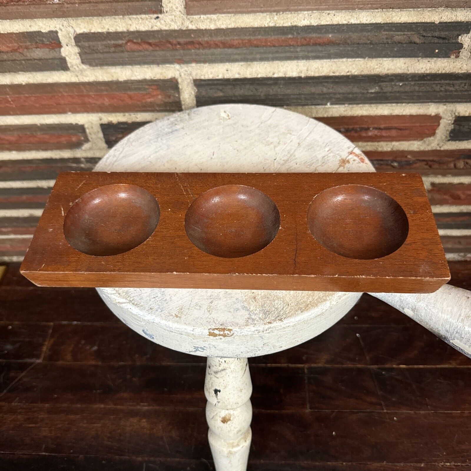 Vintage Wooden Desk Accessory Wood Brown Rectangle Circle Hole Holder Tray Decor