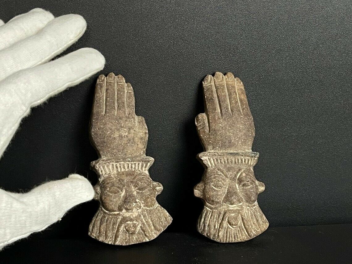 RARE ANTIQUE Fantastic Two Egyptian hands with BES god of joy and fertility Face