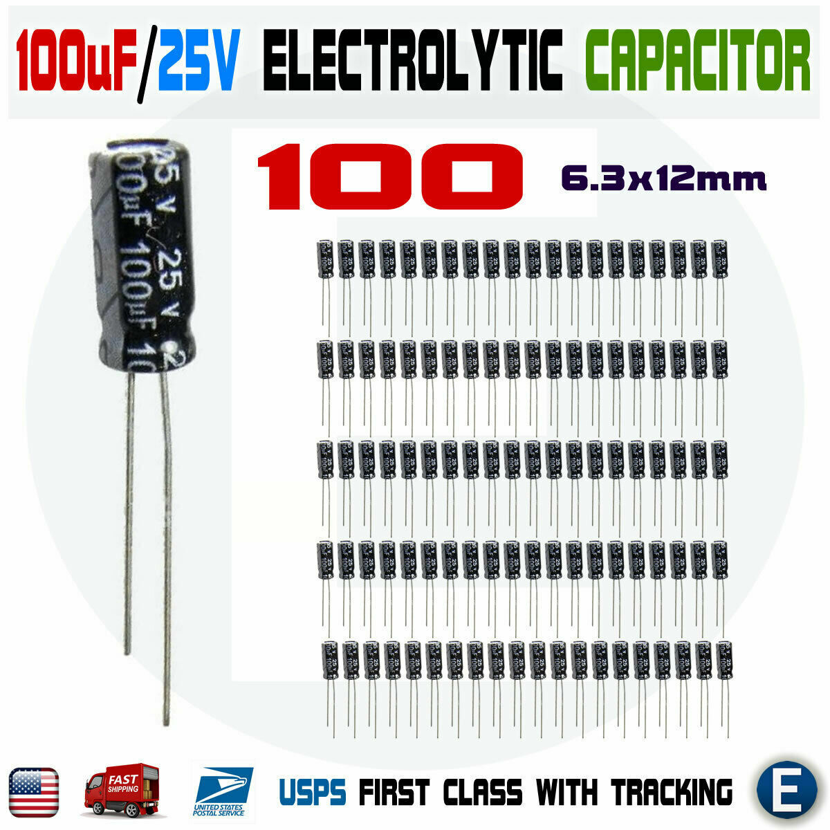 100pcs 100uF 25V 105c Electrolytic Capacitor for 25V 16V 10V 6.3V USA seller