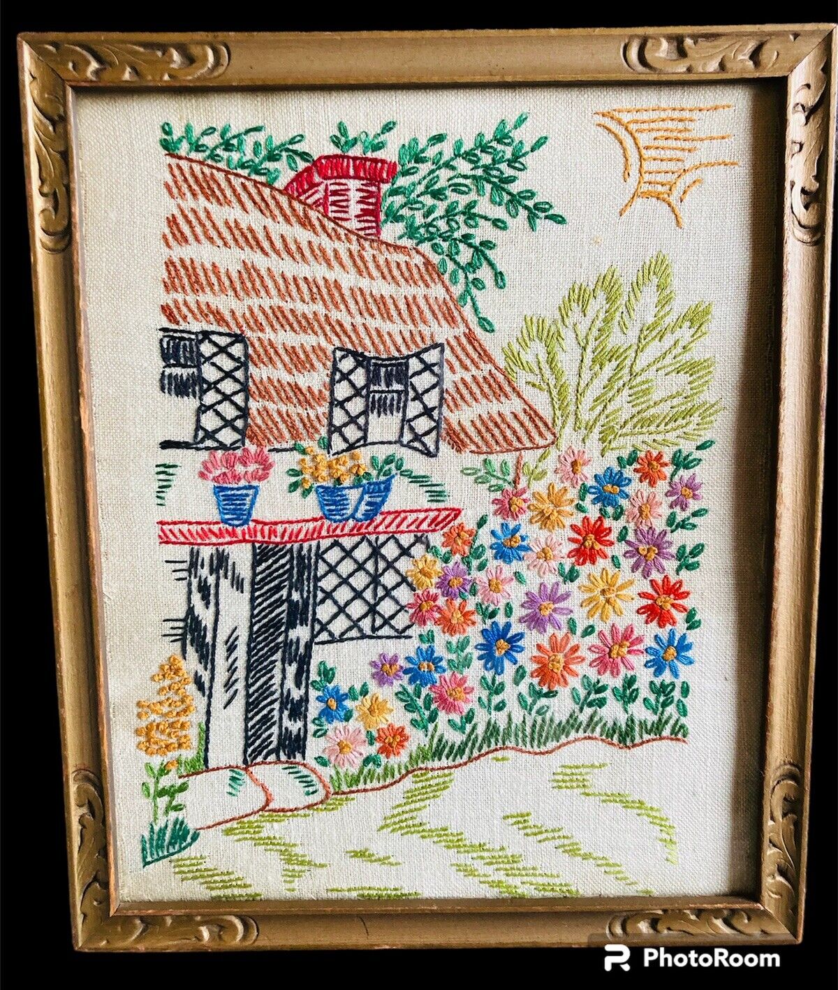 Vintage Crewel Embroidery Cottage Home Flowers Framed Wall Art Granny Core 1940s