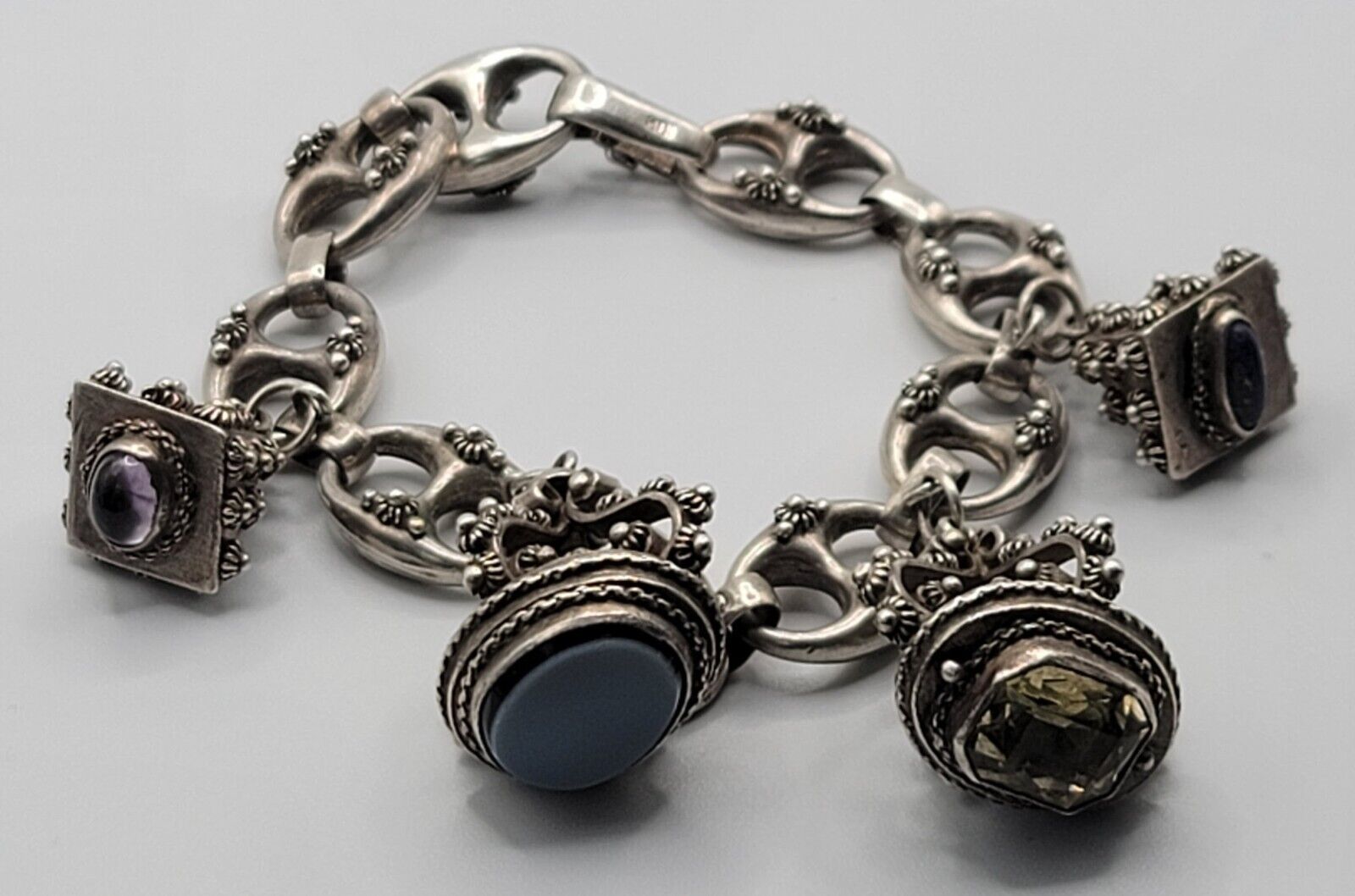 Antique 800 Silver Etruscan Revival 4 FOB Charm Bracelet w/ Gemstone Charms 8\