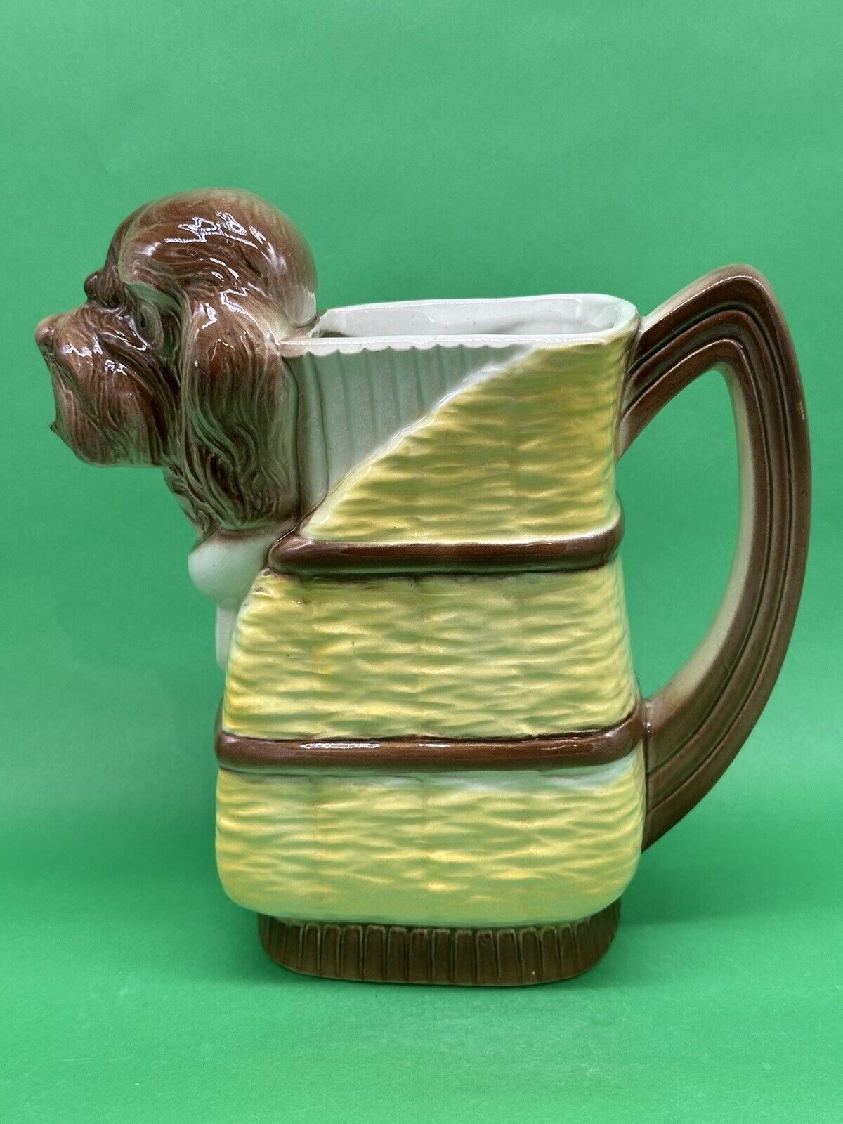 St. Clement  French  Majolica Doggie In Basket Pitcher/Toby Jug c.1920, 9\
