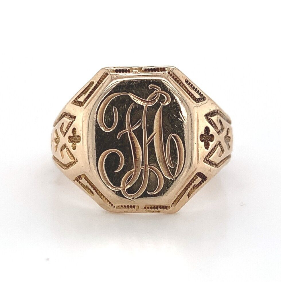 Vintage 10k Yellow Gold Men\'s Signet Ring Jewelry with Monogram (#J5949)