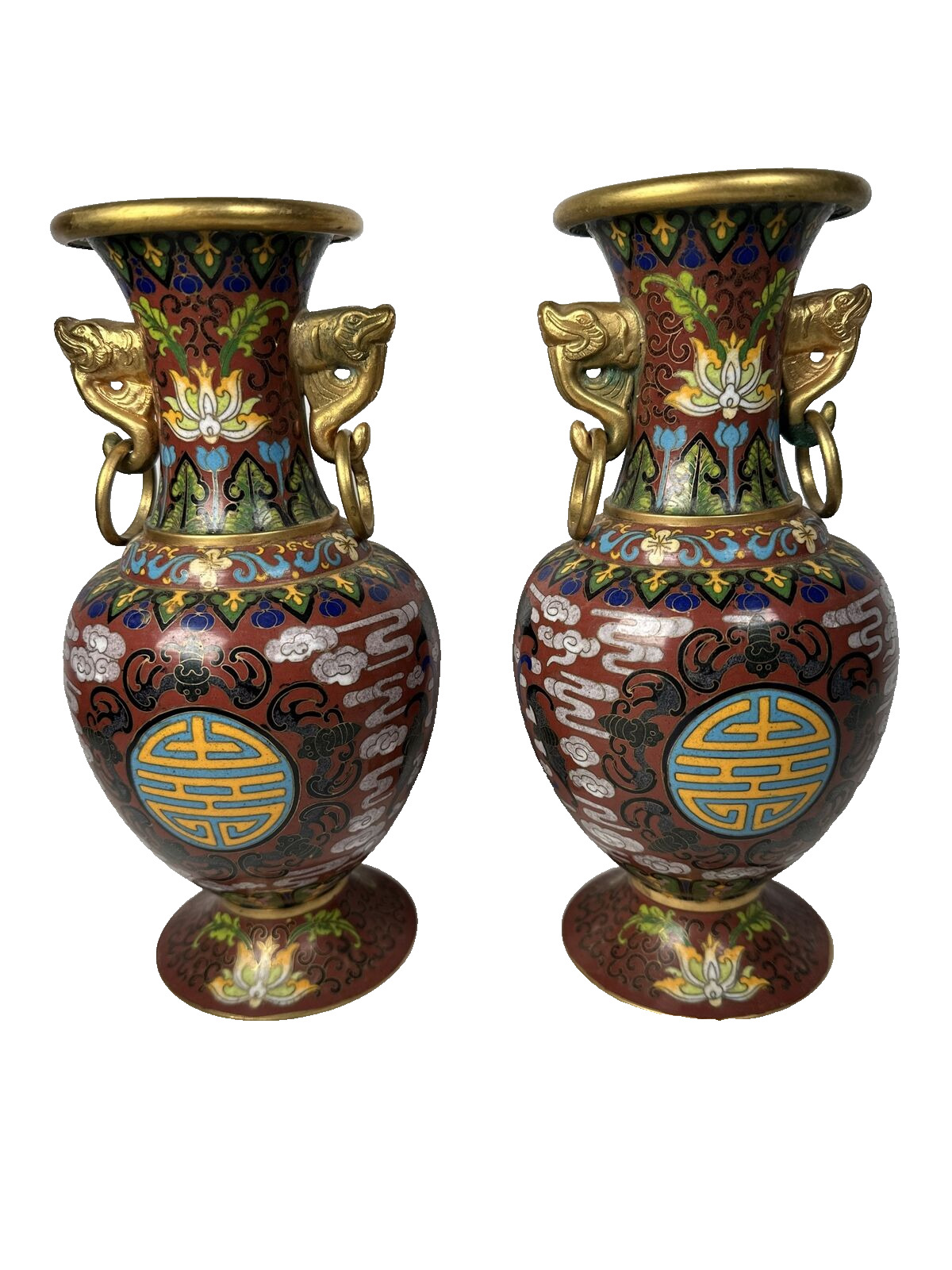 PAIR of Old Chinese CLOISSONE Vases Fine Yellow Red Blue Bats