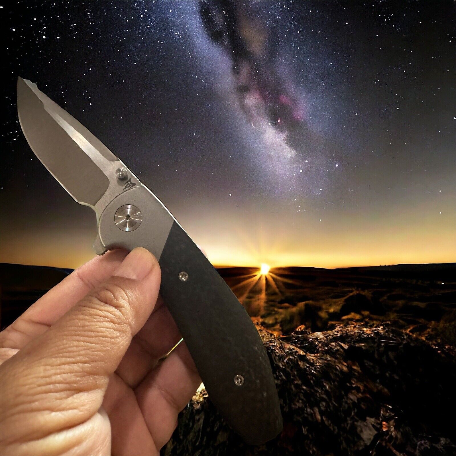 Varga Knives Small VBR satin M390 Bead Blasted Titanium Carbon Fiber Knife 3.25”