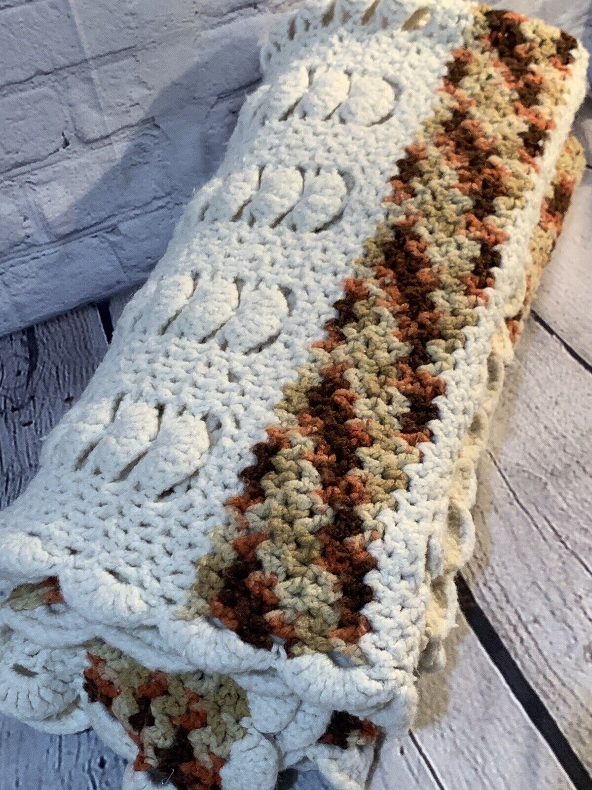 VINTAGE Granny Afghan Crochet Knit Throw Blanket 72x36 Browns/cream/orange-NICE