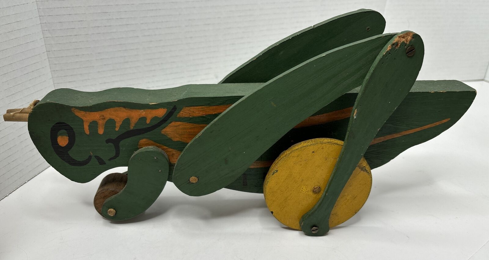 Vintage Wooden Grasshopper Pull Toy 1940s - 1950s Rolls Leg Move