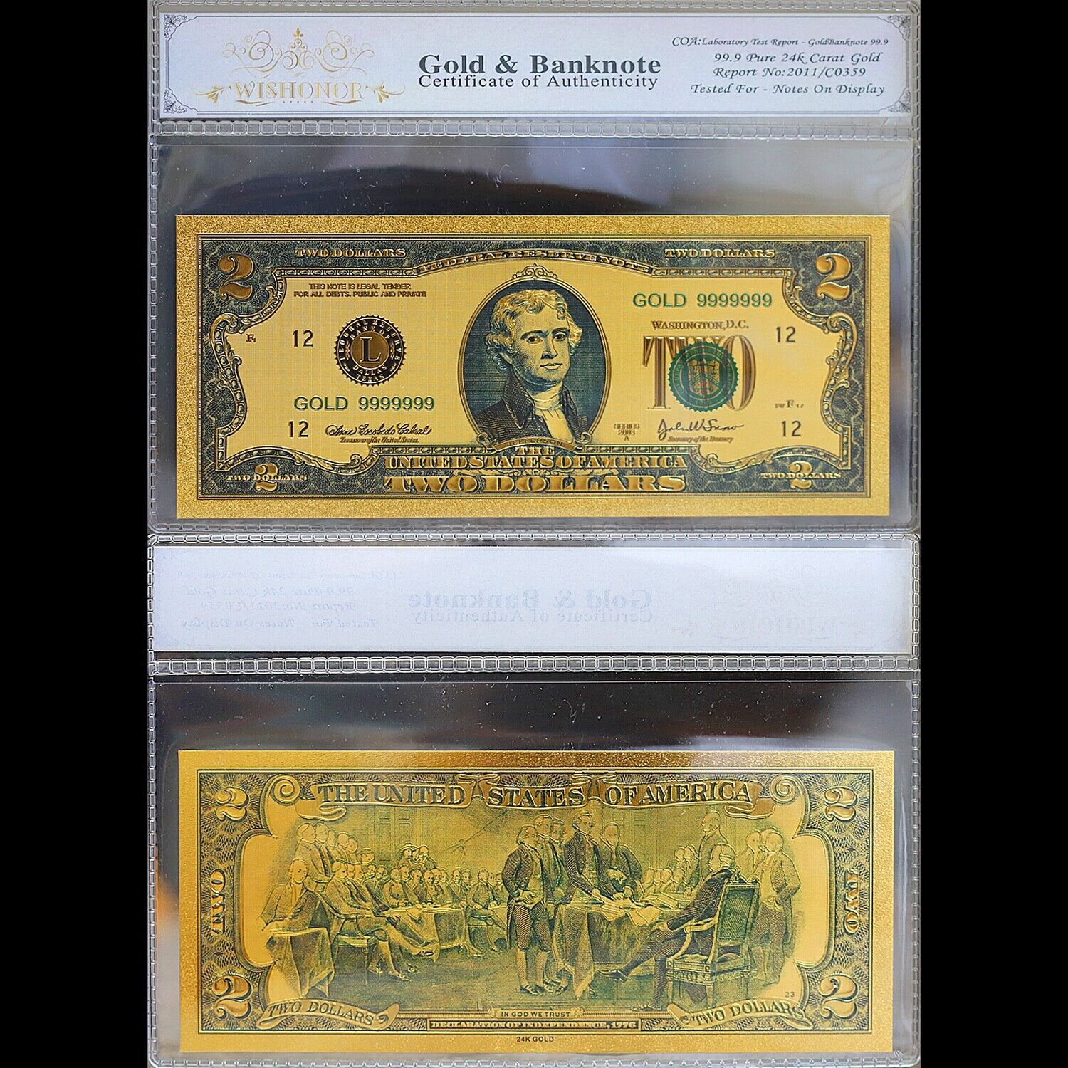 2003 $2 Two Dollar Bill Federal Reserve Banknote - 100mg 24K Gold with White COA
