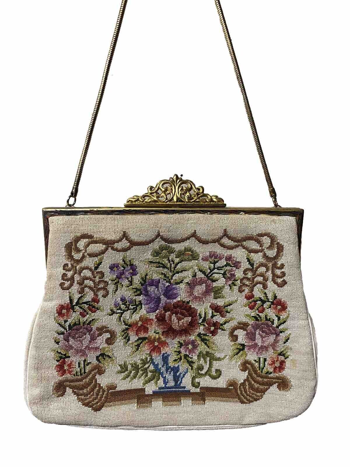ANTIQUE Vintage 1950s Floral Needlepoint PETIT POINT French Style Purse Handbag