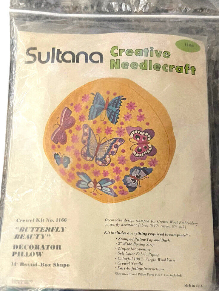 Vintage Sultana Crewel Embroidery Pillow Kit #1166 Butterfly Beauty SEALED NEW