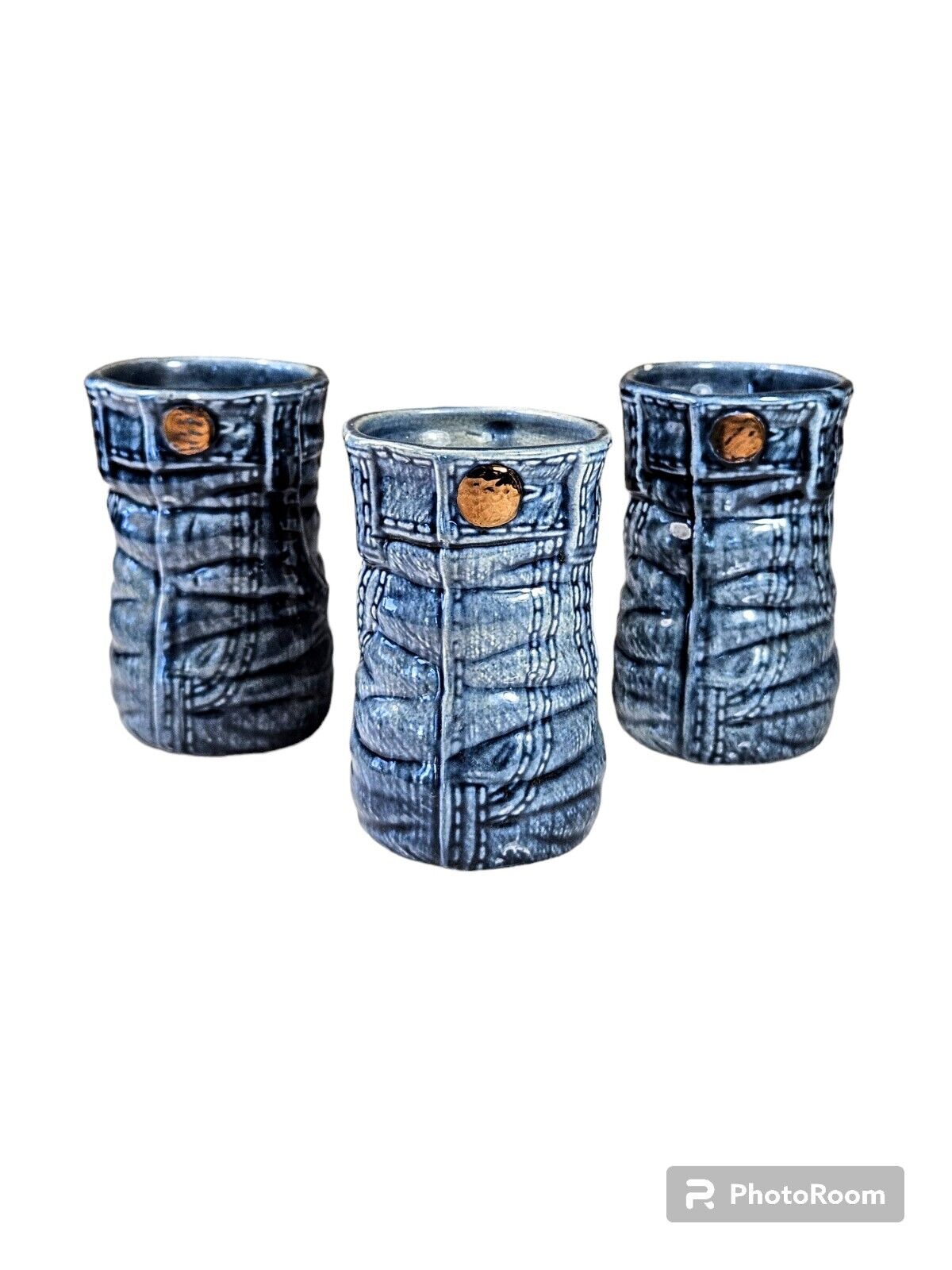 Vintage Norwell Ceramics Blue Jeans Denim Signed Tumblers Set Of 3 Vase
