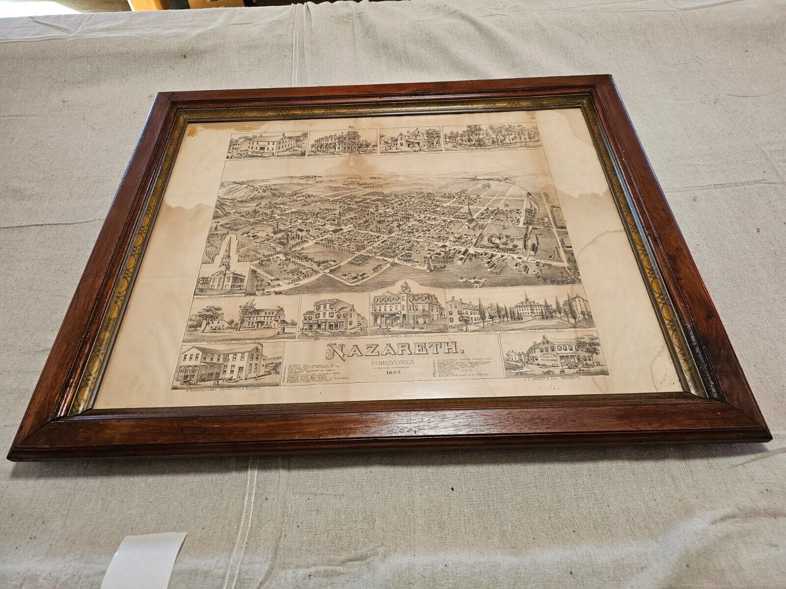 Nazareth Pa  Print/engraving of tow 1885 26 x 32 original walnut frame as found.