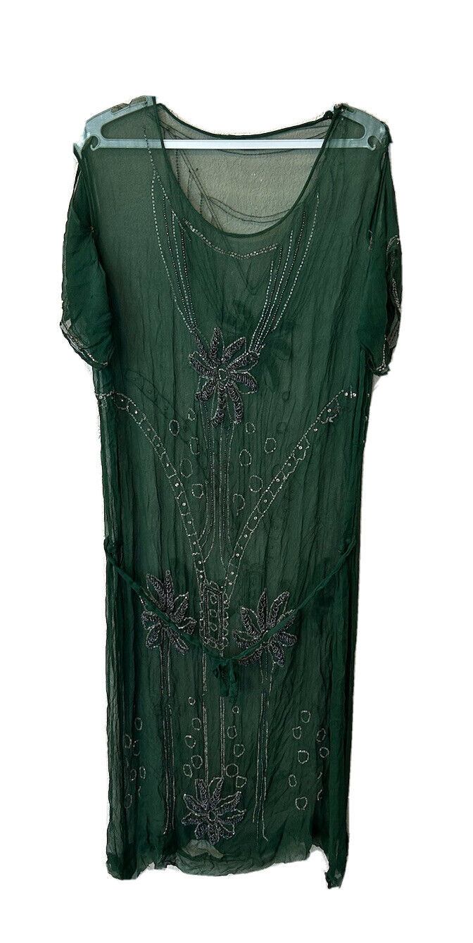 VTG 1920s 1930s Beaded Embellished Great Gatsby Flapper Dress Emerald Green
