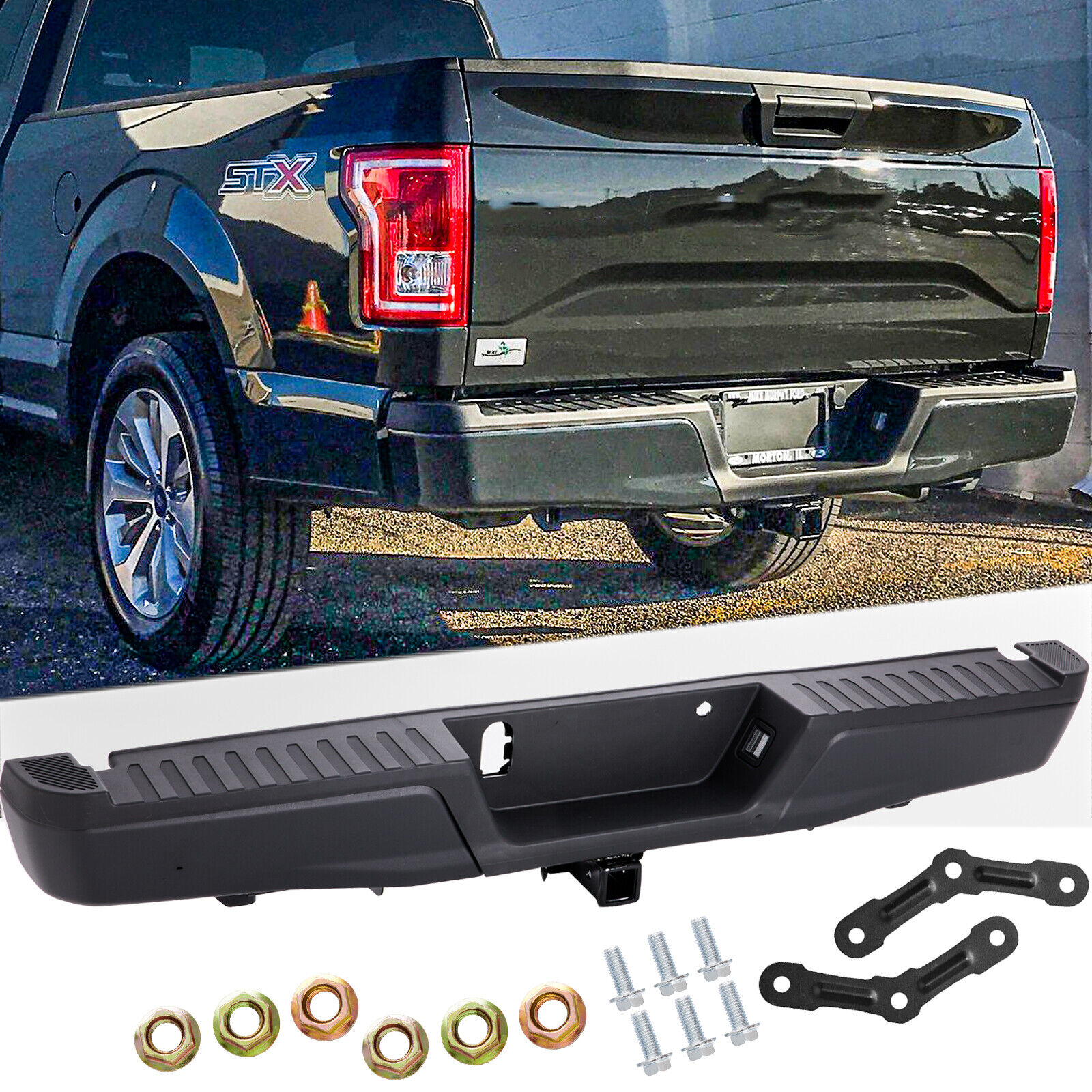 For 2015-2020 Ford F-150 W/ Tow Hitch W/O Park Holes Black Rear Bumper Assembly