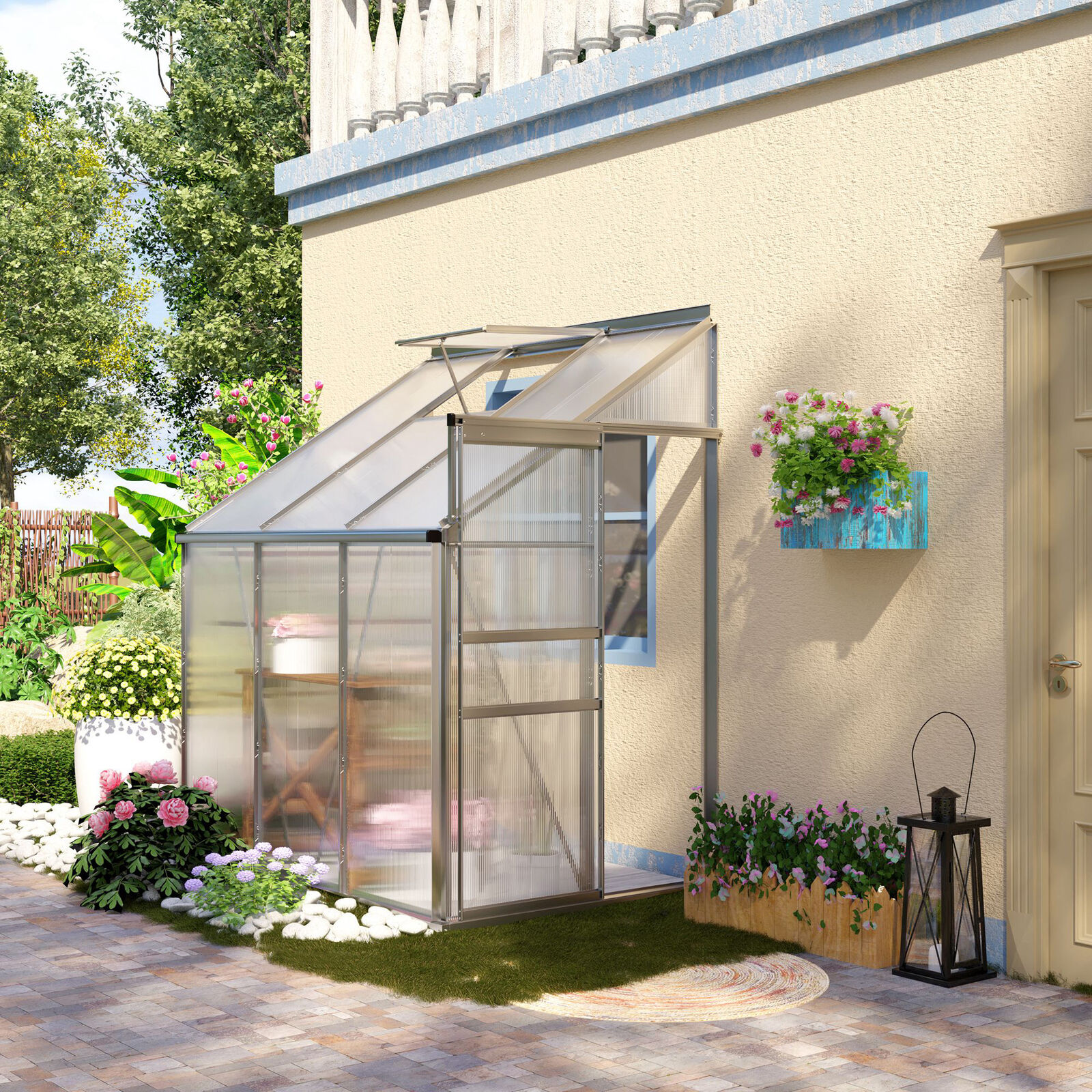 6\' x 4\' Walk-in Garden Polycarbonate Greenhouse Kit w/ Adjustable Vent, Clear