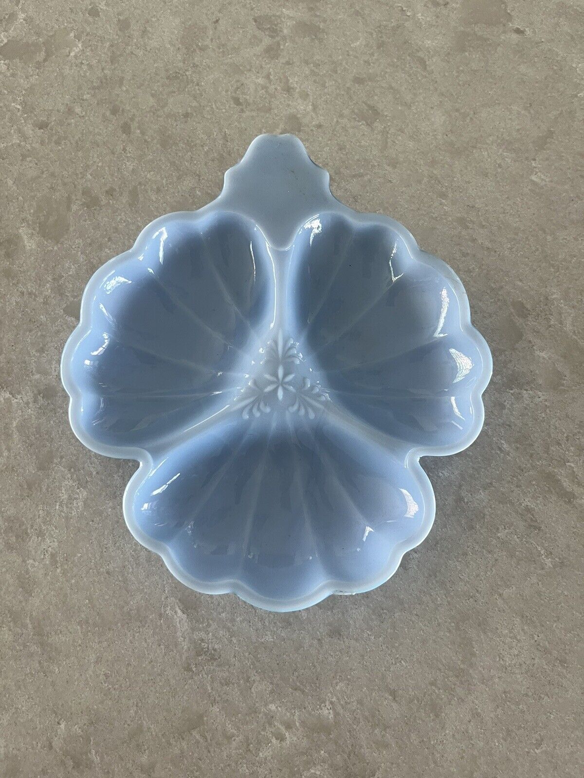 Vintage Jeanette Glass Delphite Blue Shell 3-section Dish MCM Mint 