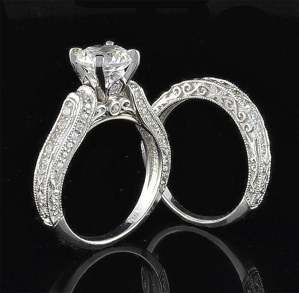 1.38 CT White Round CZ Antique Style Wedding Matching Bridal 925 Silver Ring Set