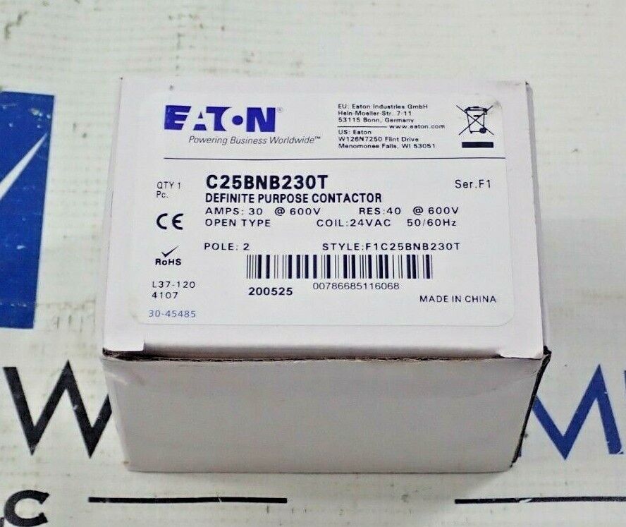 NEW Eaton C25BNB230T Definite Purpose Contactor 30A 600V 2 Pole  24V coil