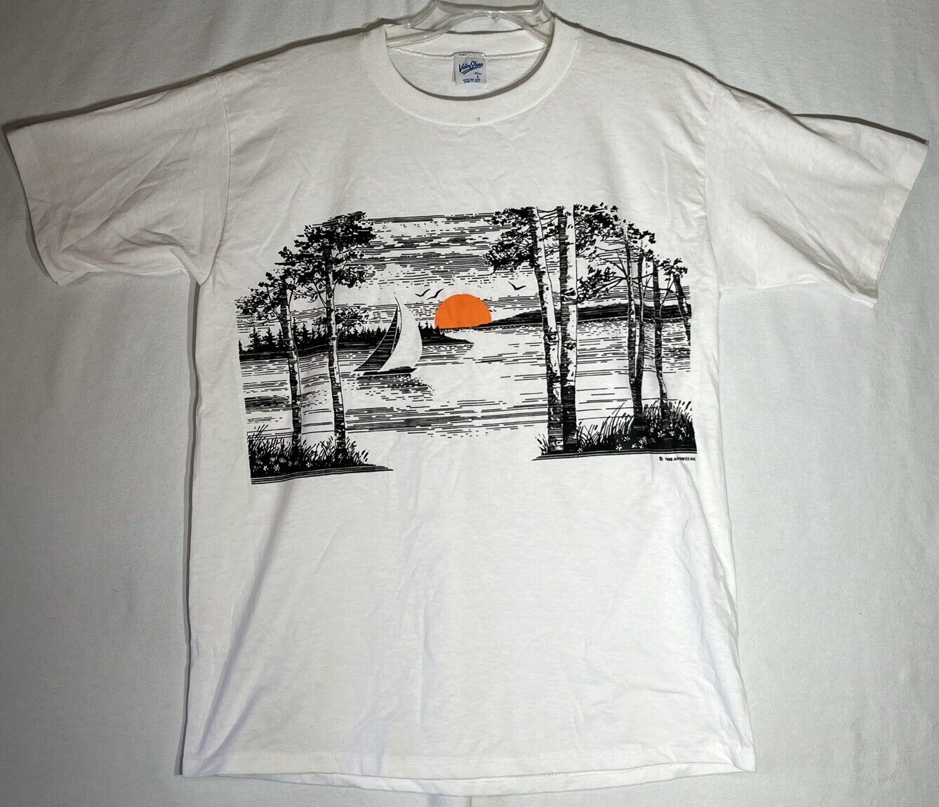 1989 Air Waves Men’s T-Shirt Size Large Vintage Sunset Beach Velva Sheen READ