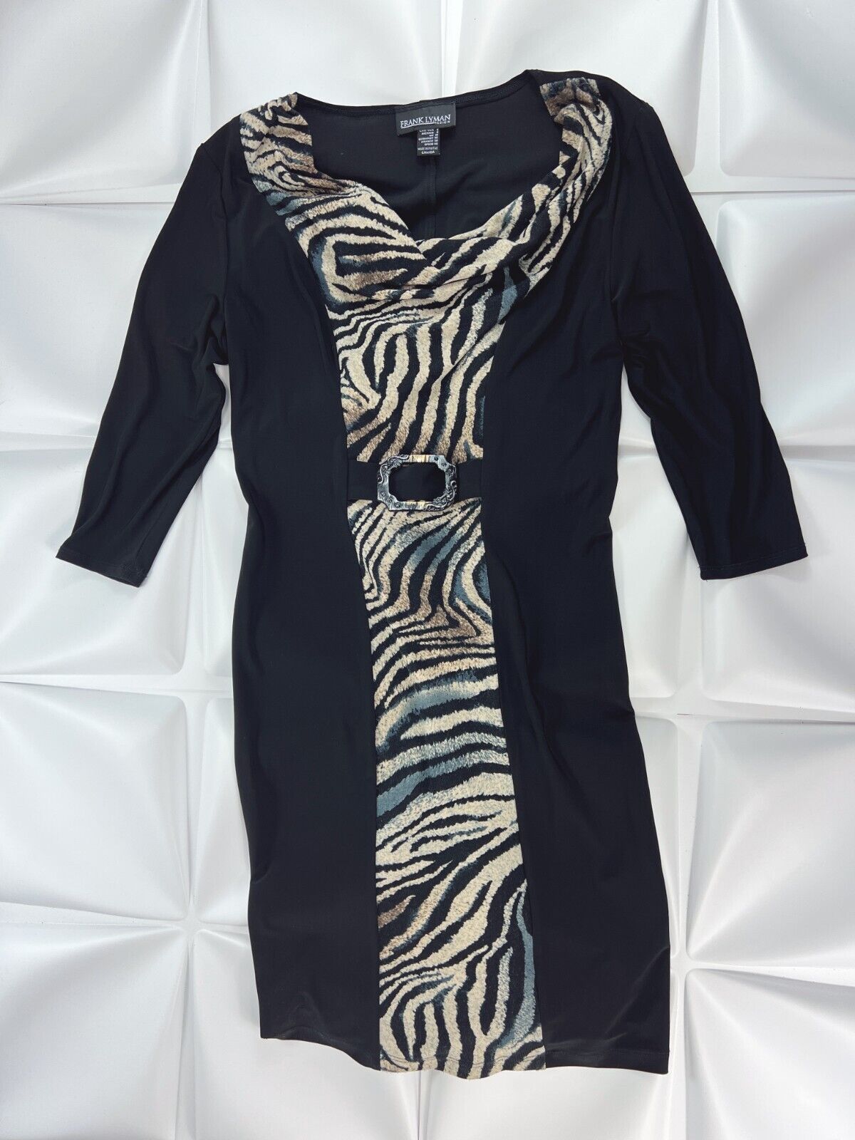 Frank Lyman Sz 8 Black Tiger Print Slinky Cowl Neck Hourglass Silhouette Dress