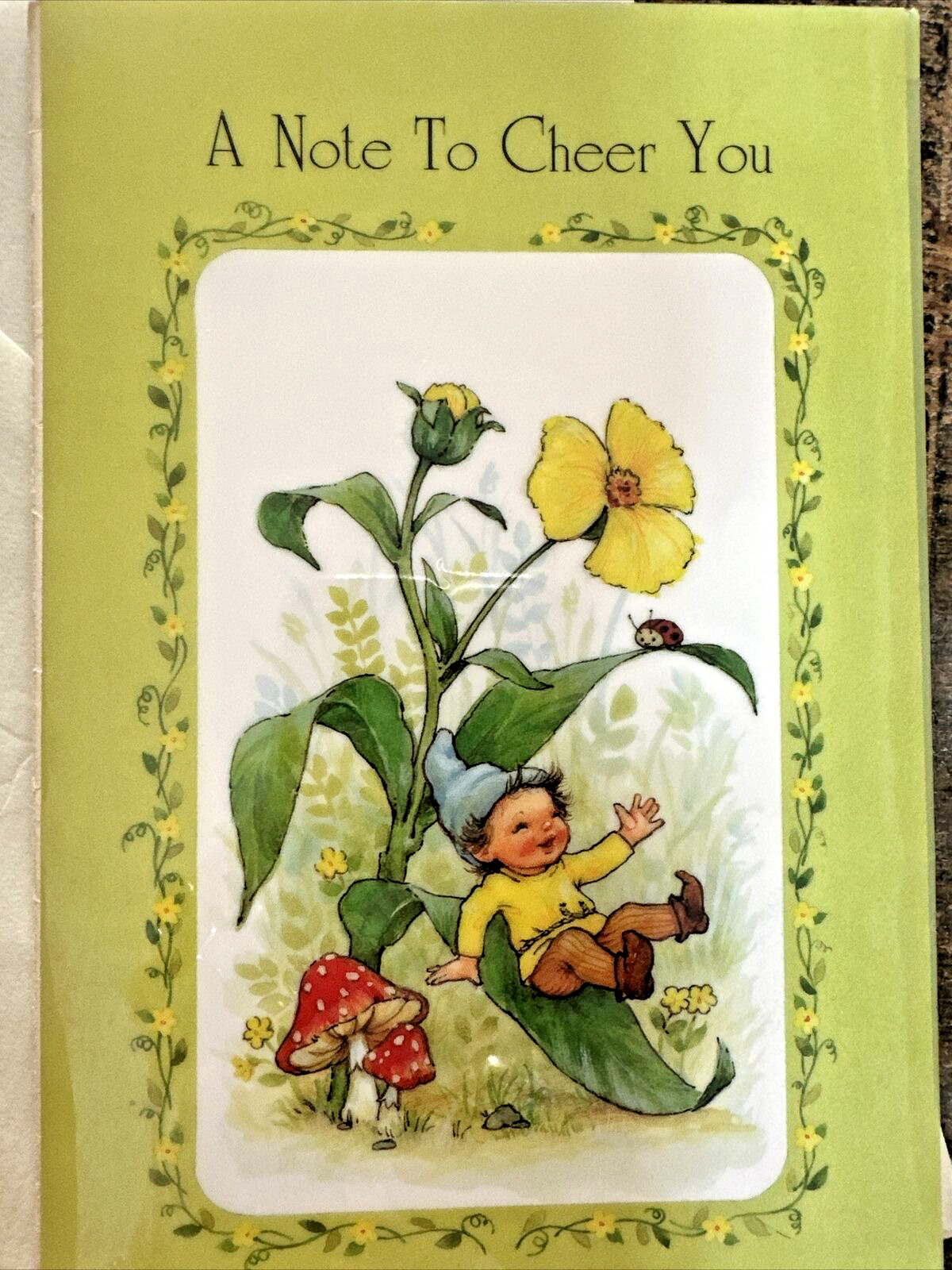 Vintage Gallant Greeting Card Gnome Sliding Down Plant Mushrooms Retro MCM USA