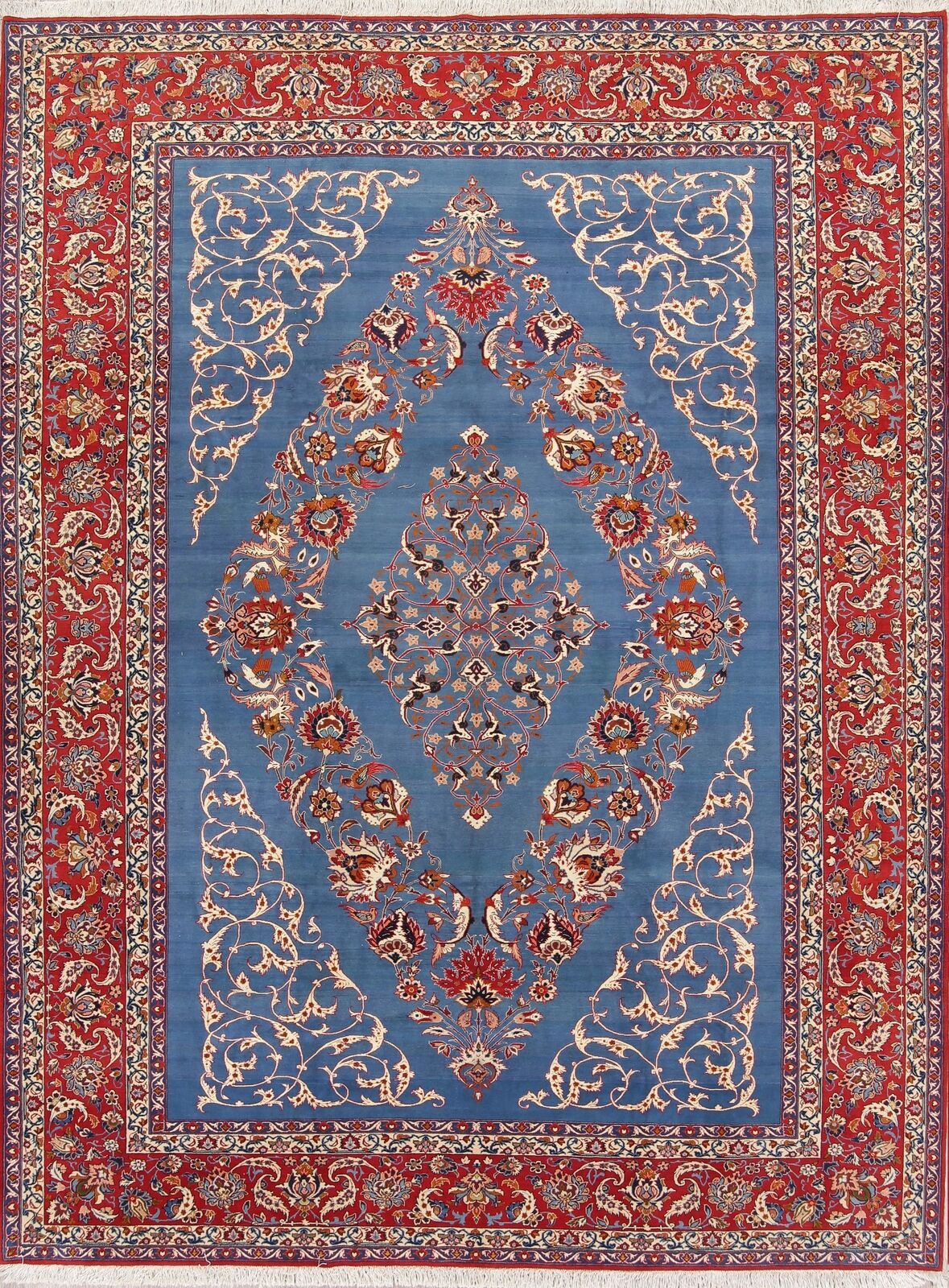 Vintage Blue Kashaan Floral Large Area Rug 10x14 Wool Hand-made Room Size Rug