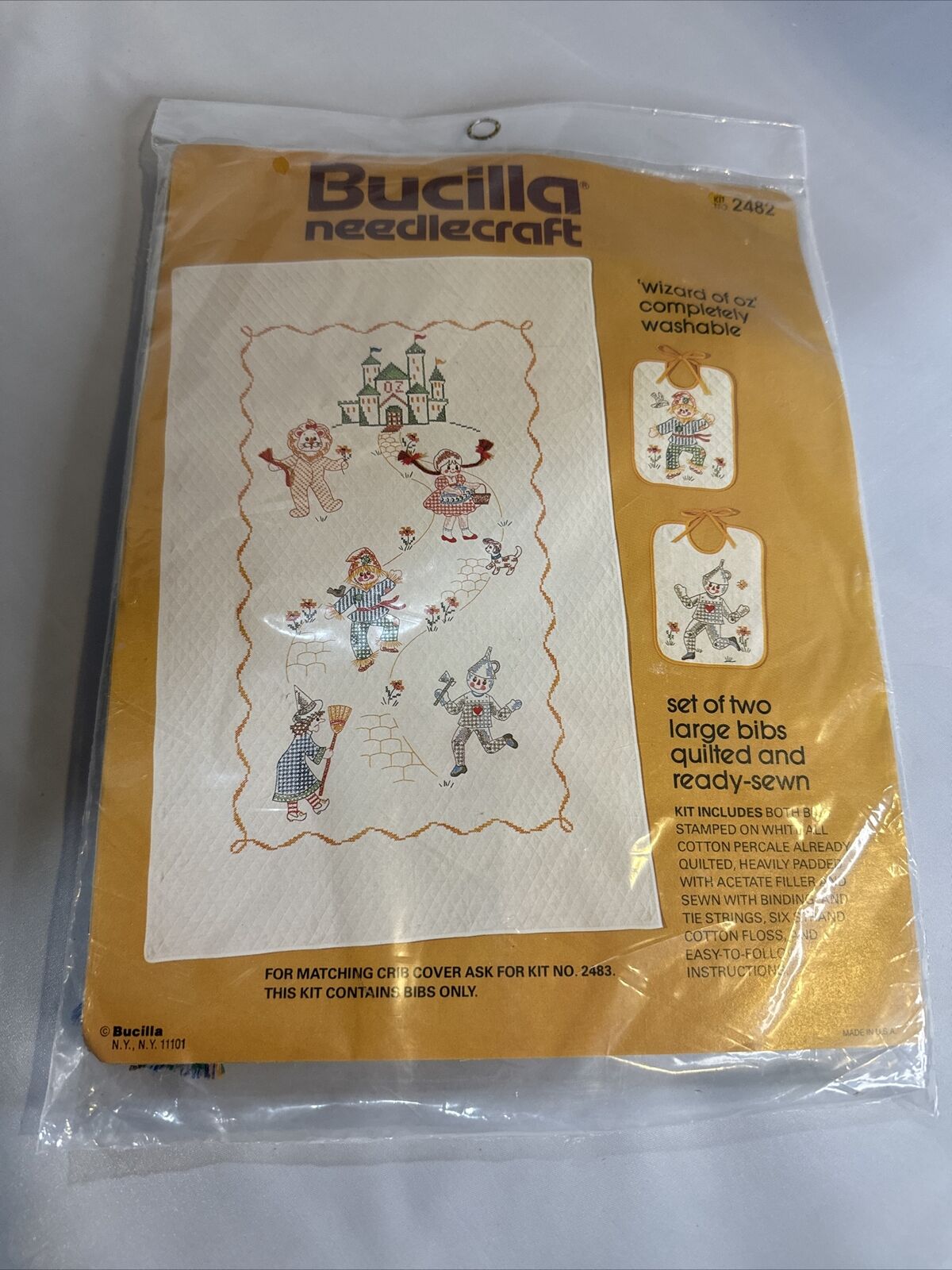 Vintage Bucilla Needlecraft Kit Wizard of Oz Set of 2 Large Quilted Bibs Rare