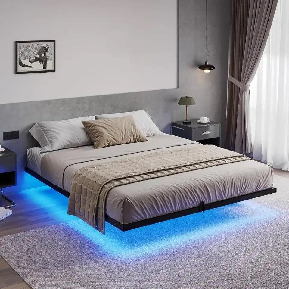 Floating Bed Frame Queen Size with LED Lights,  Modern Metal Platform Bed Frame