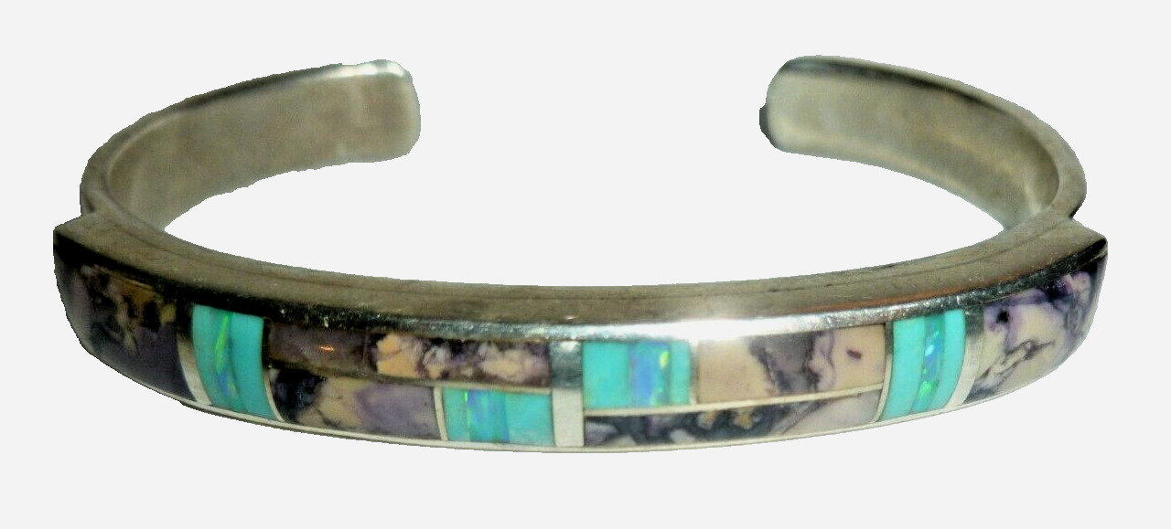Vintage Kenneth Bitsie Navajo Sterling Silver Cuff Bracelet Inlay Fire Opal