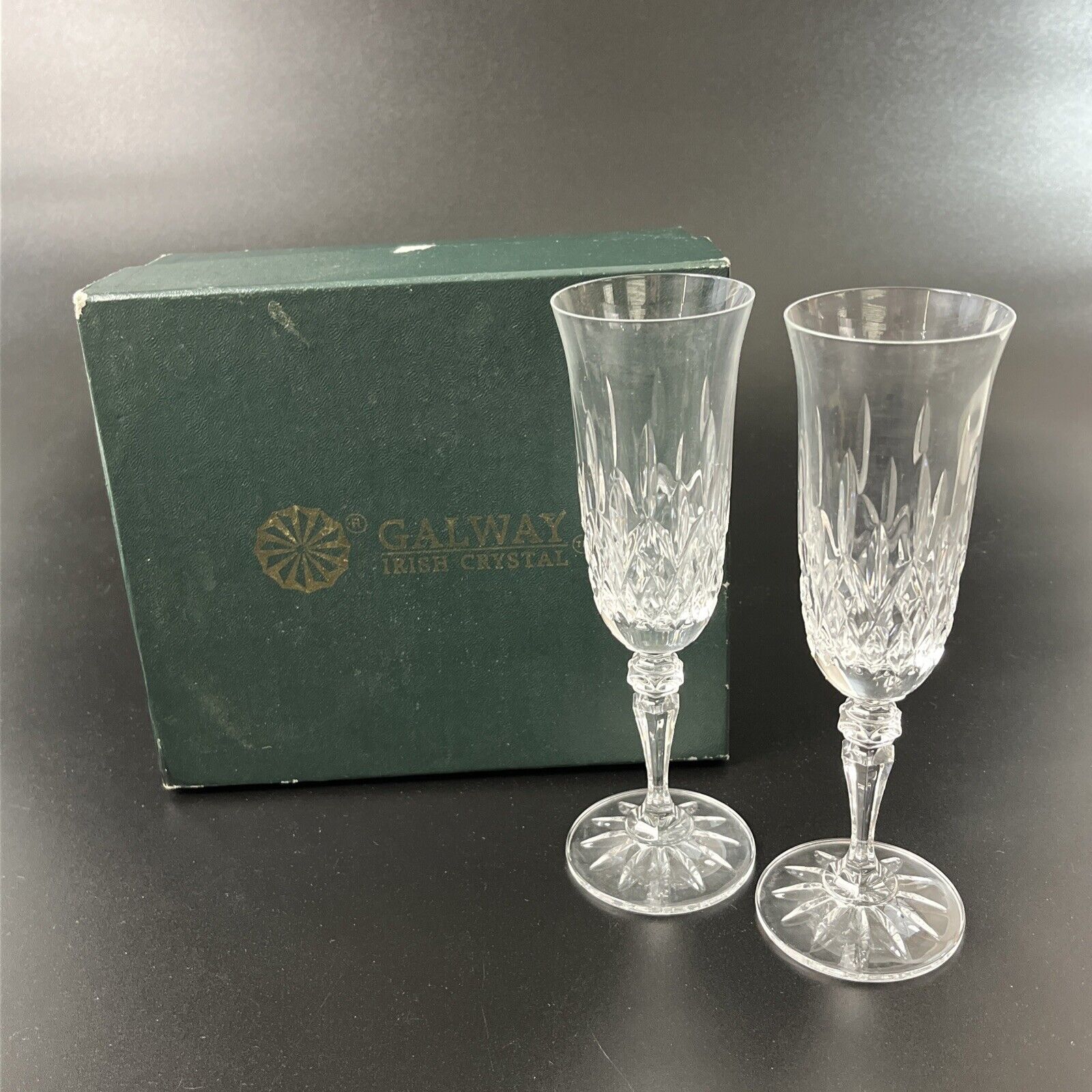 Vtg Galway Irish Longford Crystal Fluted Champagne Glasses Pair W/Box Set Flutes