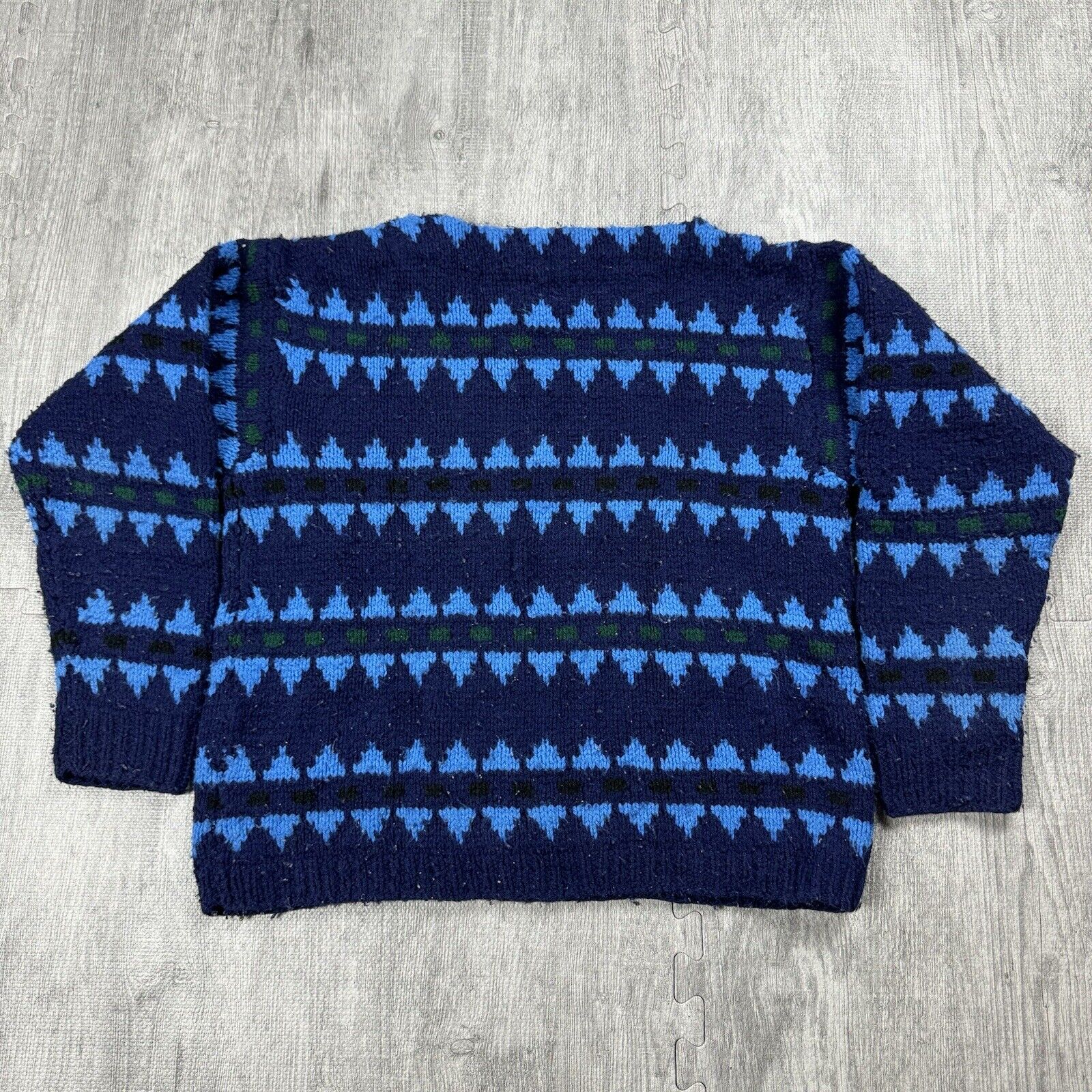 VTG 60S 70S BOAT NECK HAND KNIT ADULT M/L BLUE ABSTRACT ACRYLIC SWEATER RETRO