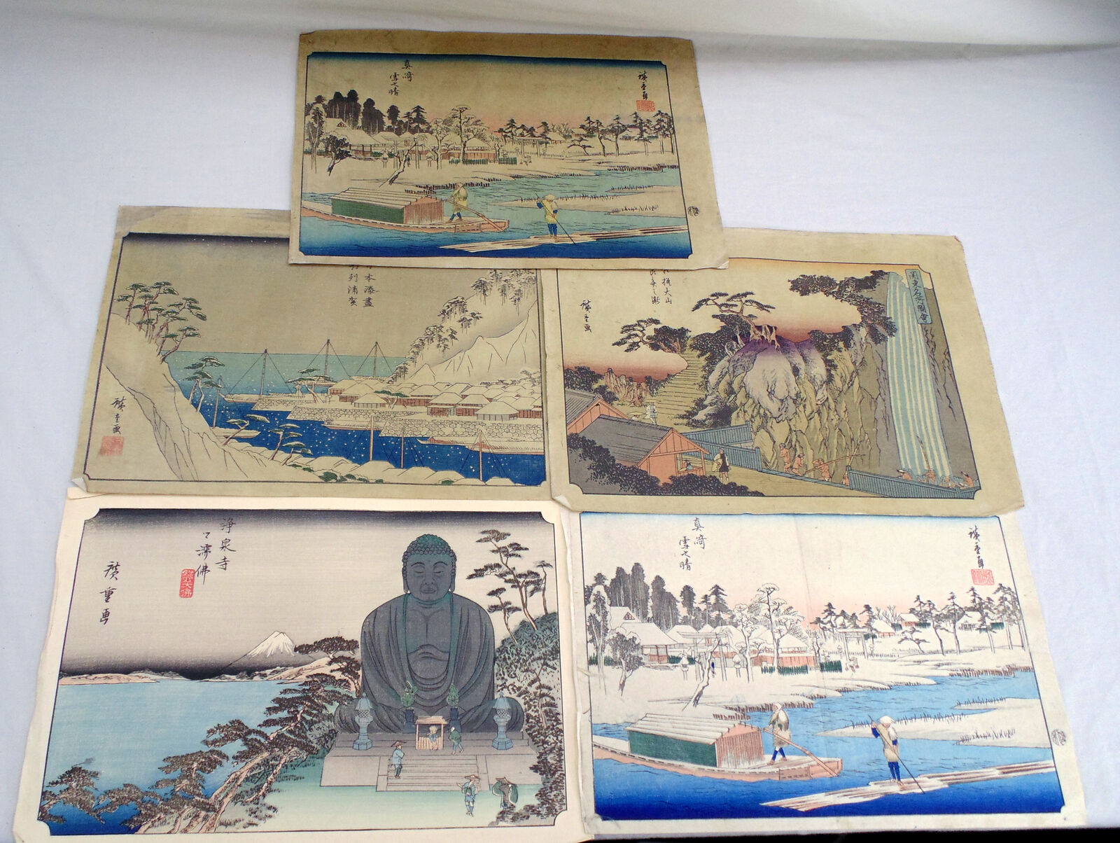 Vintage Lot of 5 Japanese After Utagawa Ando Hiroshige Woodblock Prints