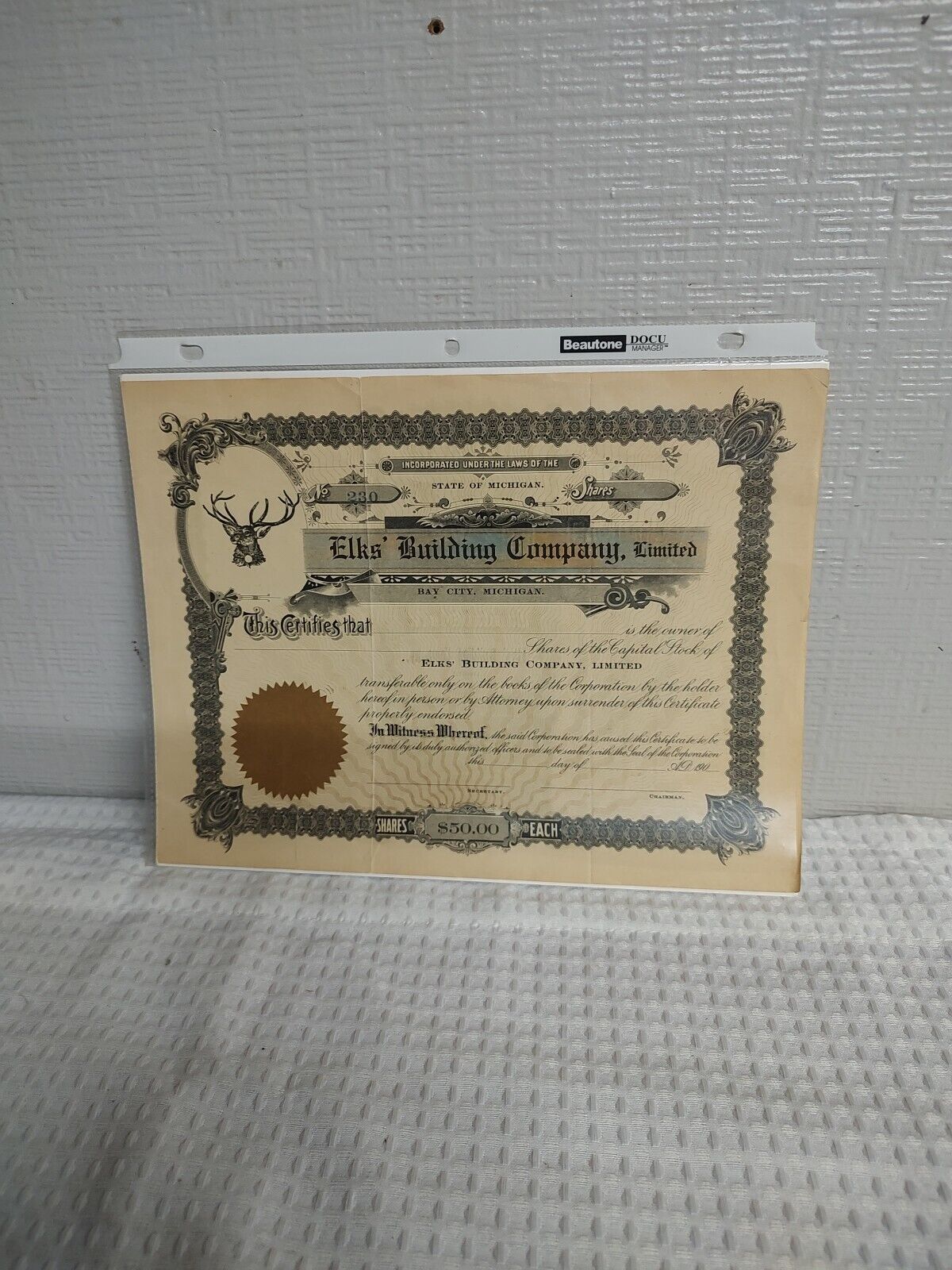 RARE Antique Stock Certificate  Nice Graphics Elks Building Company 