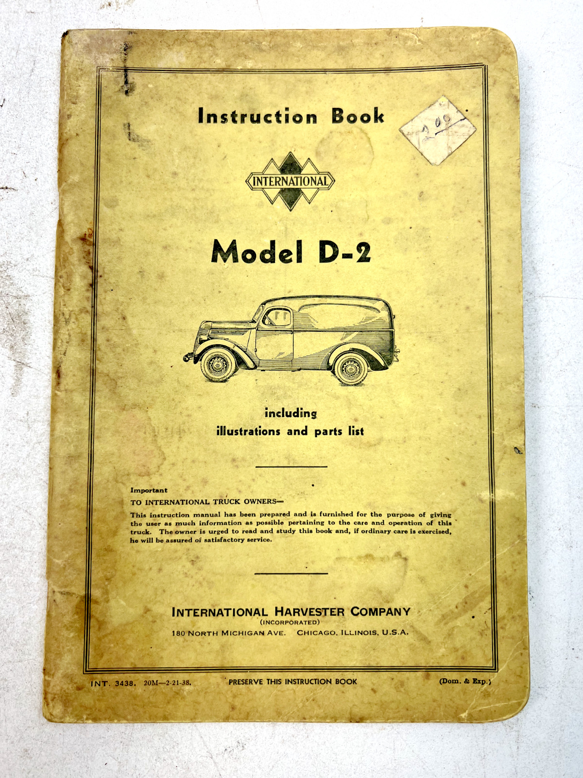 Vintage 1938 IH Model D-2 Truck Instruction Book