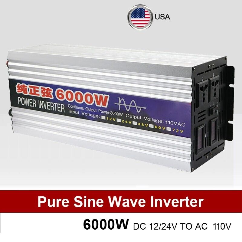 6000W Car Pure Sine Wave Power Inverter DC 24V to AC 110V Solar Converter 60Hz