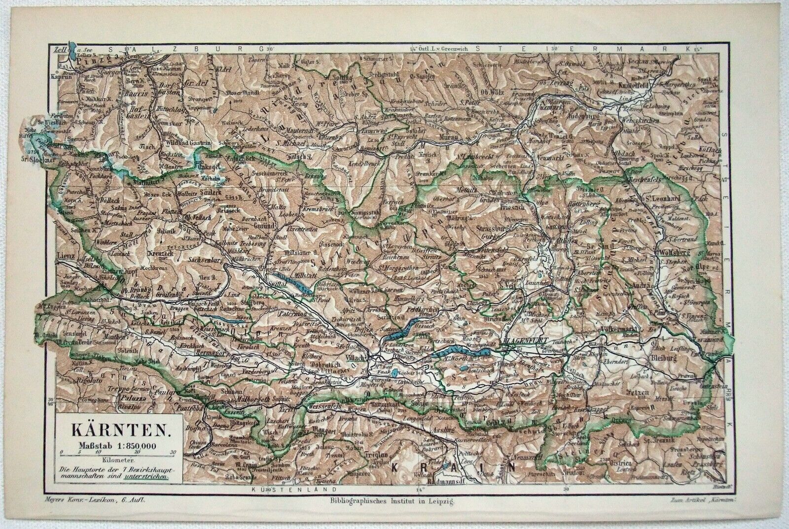 Carinthia, Austria - Original 1905 Map by Meyers. Antique Karnten