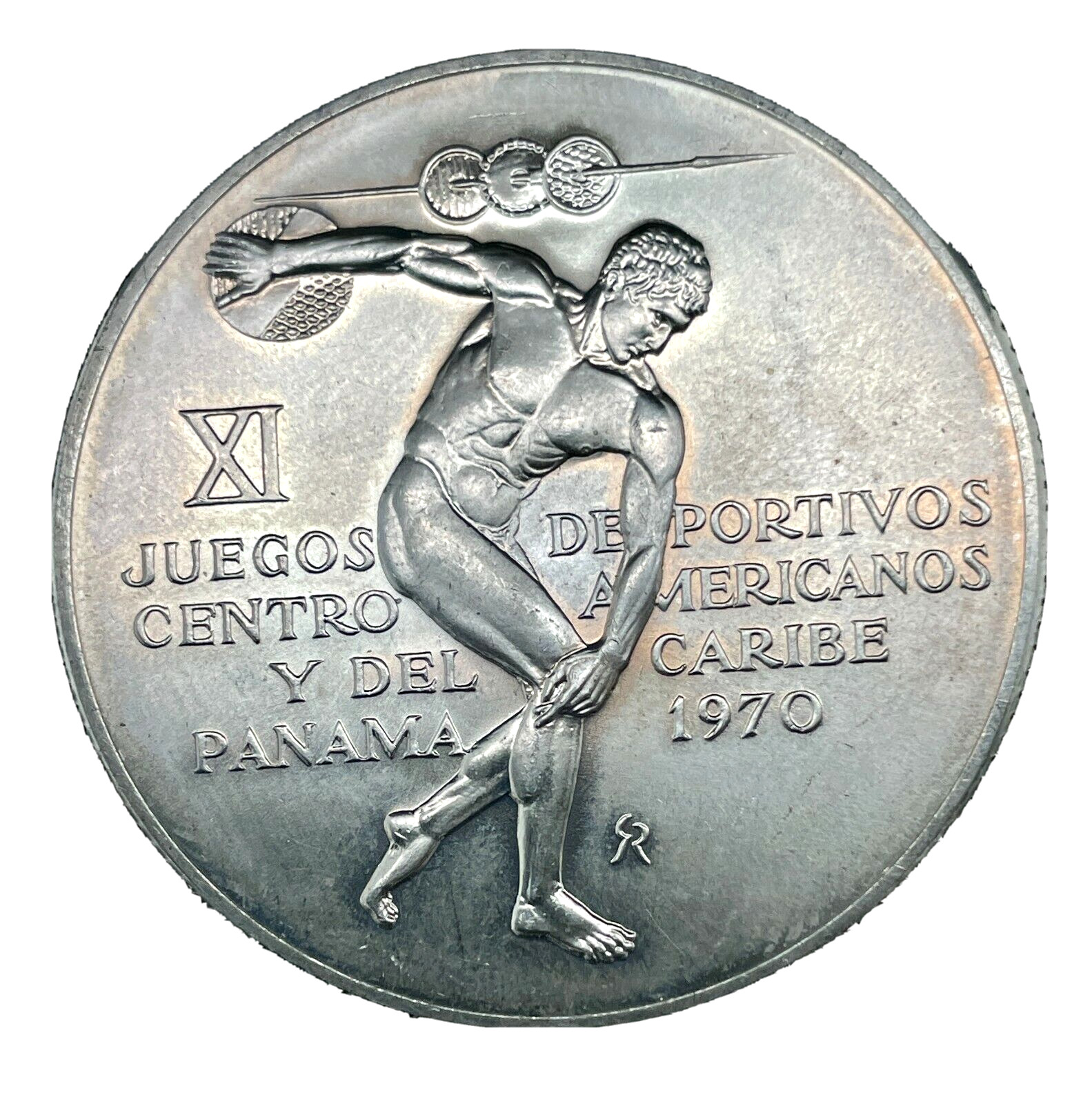 1970 PANAMA Central American Games Greek Disc Thrower Silver 5 Balboas Coin KM28