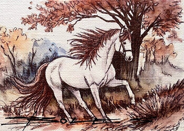 ORIGINAL Hand Painted Pen and Watercolor Art Card ACEO White Horse with Red Mane