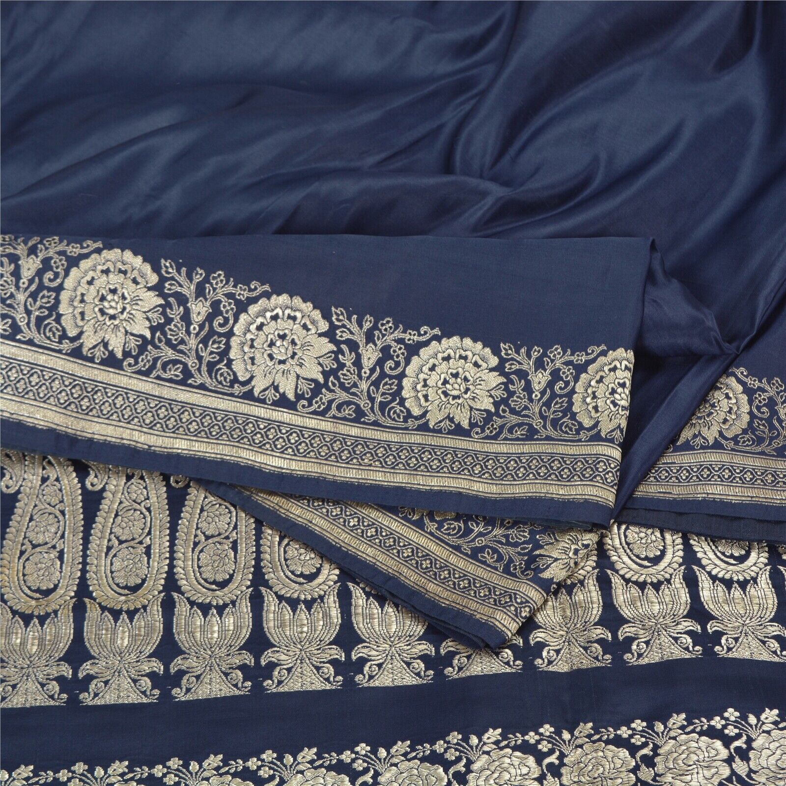 Sanskriti Vintage Blue Sarees Pure Satin Silk Woven Brocade/Banarasi Sari Fabric