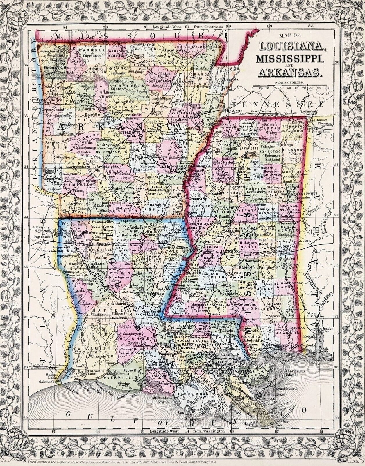 ORIGINAL 1867 Map LOUISIANA ARKANSAS MISSISSIPPI Railroads Townships NEW ORLEANS