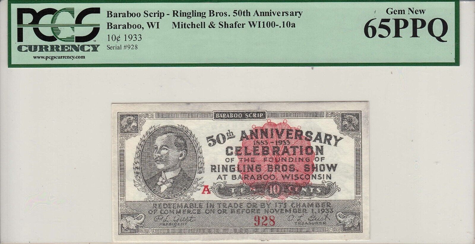 1933 ~ 10C Baraboo Ringling Bros 50th Aniv ~ PCGS Currency Gem New 65PPQ~$188.88