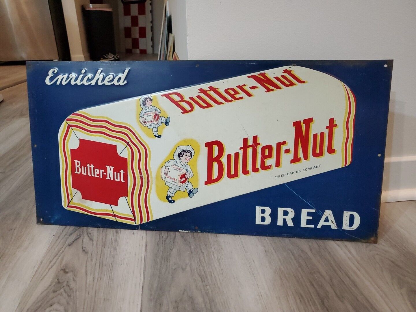 c.1940s Original Vintage Enriched Butter-Nut Bread Sign Metal Embossed Baker Gas