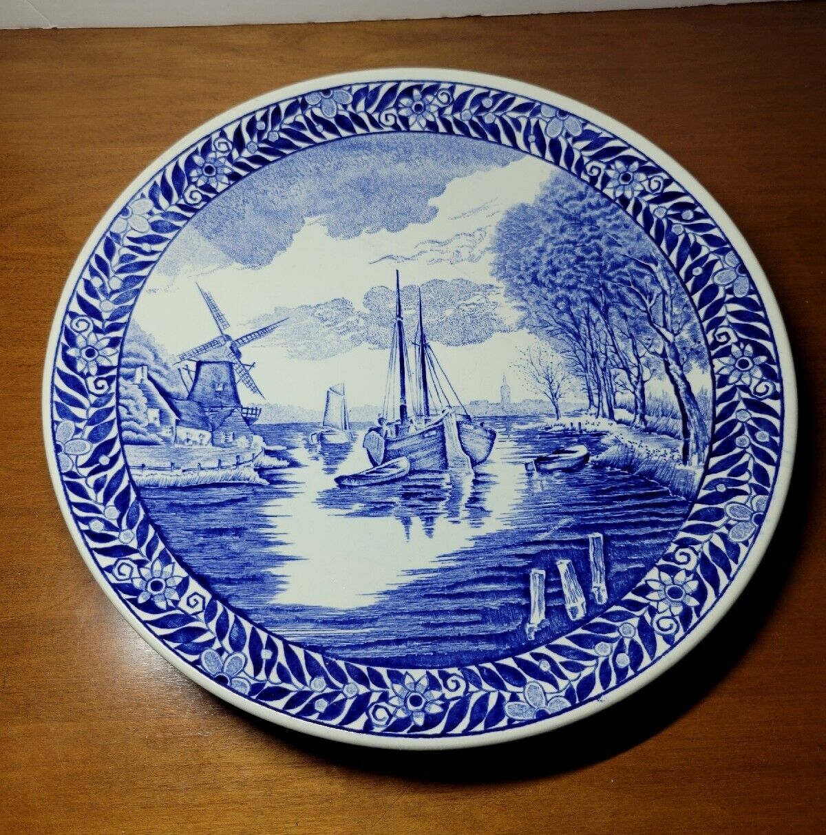 Vintage Boch Belgium Delfts Blue and White Windmill and Ship 11 3/8\