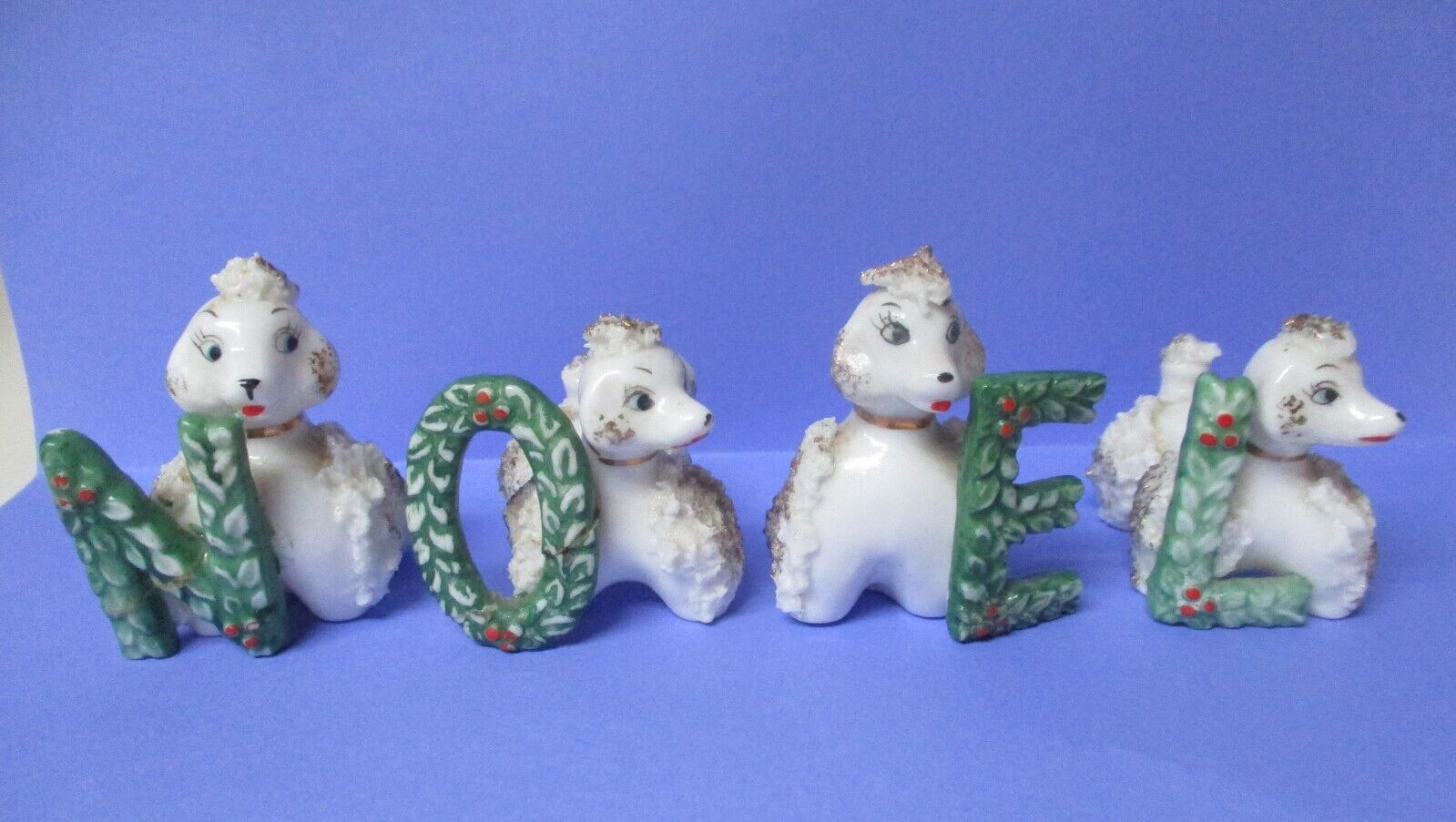 Vintage Lipper Mann Japan Ceramic Christmas Spaghetti Poodle Dog w NOEL Letters