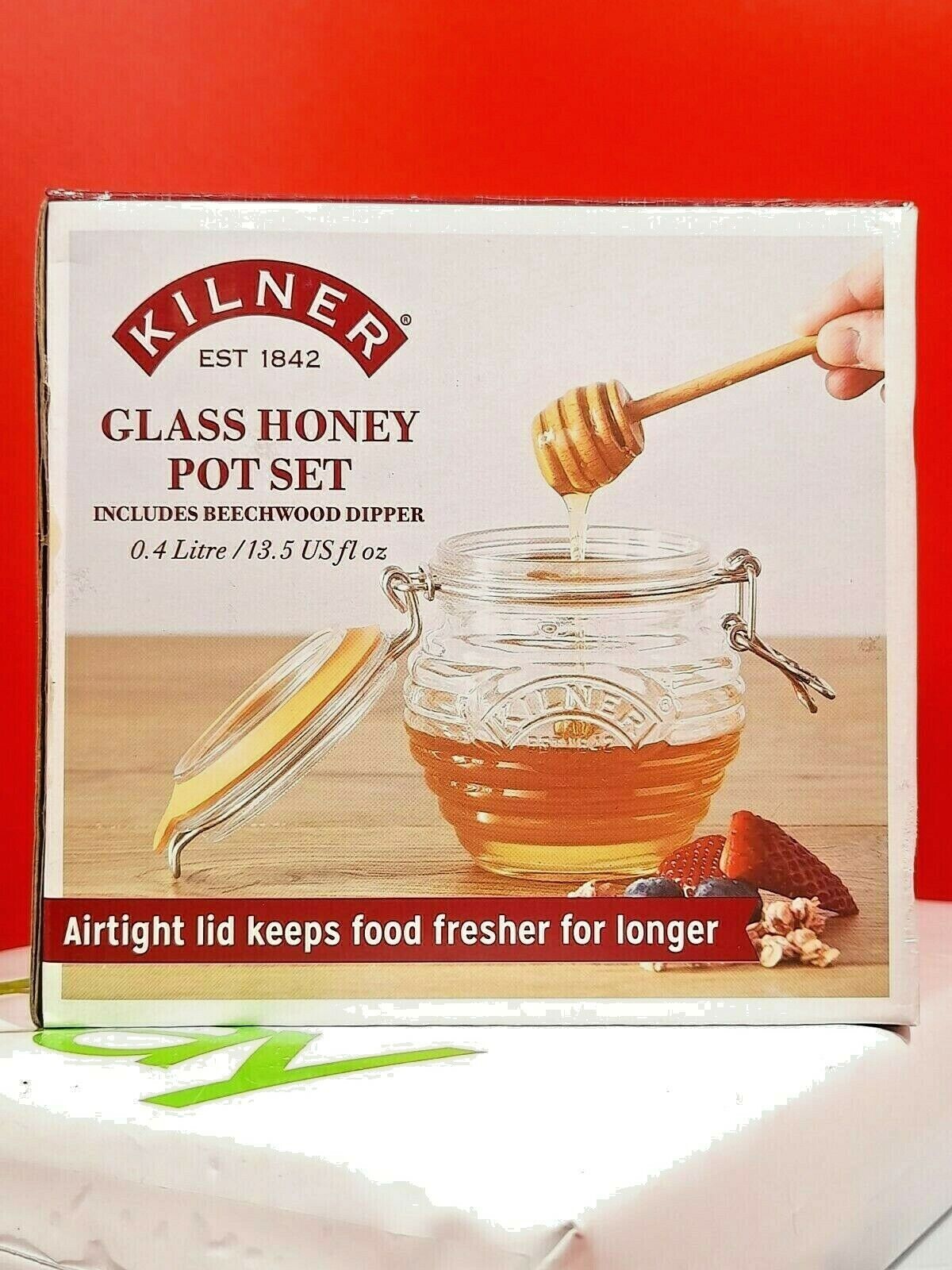 Kilner Honey Pot With Dipper, 13.5 Fluid Ounces Glass Honey Storage W /Clip Lid