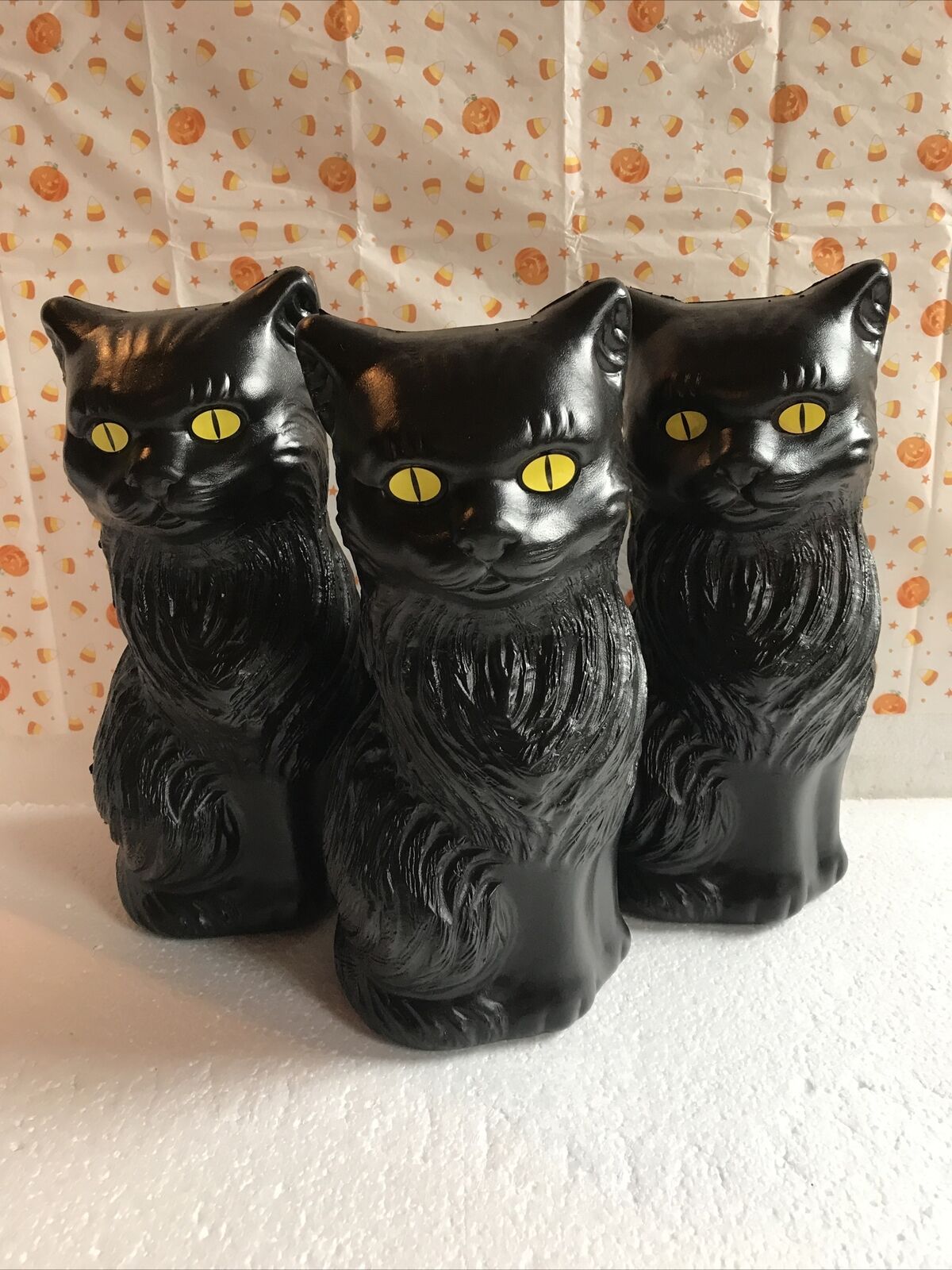 Blow Mold Black Cats Halloween Decorations Spooky Yellow Eyes 11” Lot Of 3