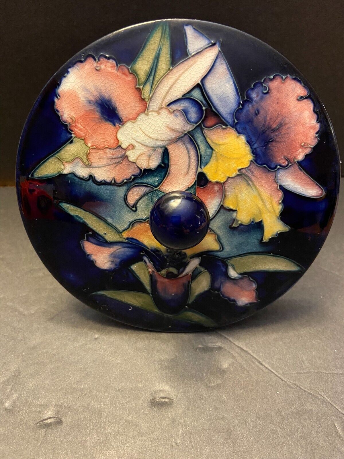 Vintage Moorcroft Iris Flower Cobalt Blue Lidded Bowl Potter To H.M. The Queen